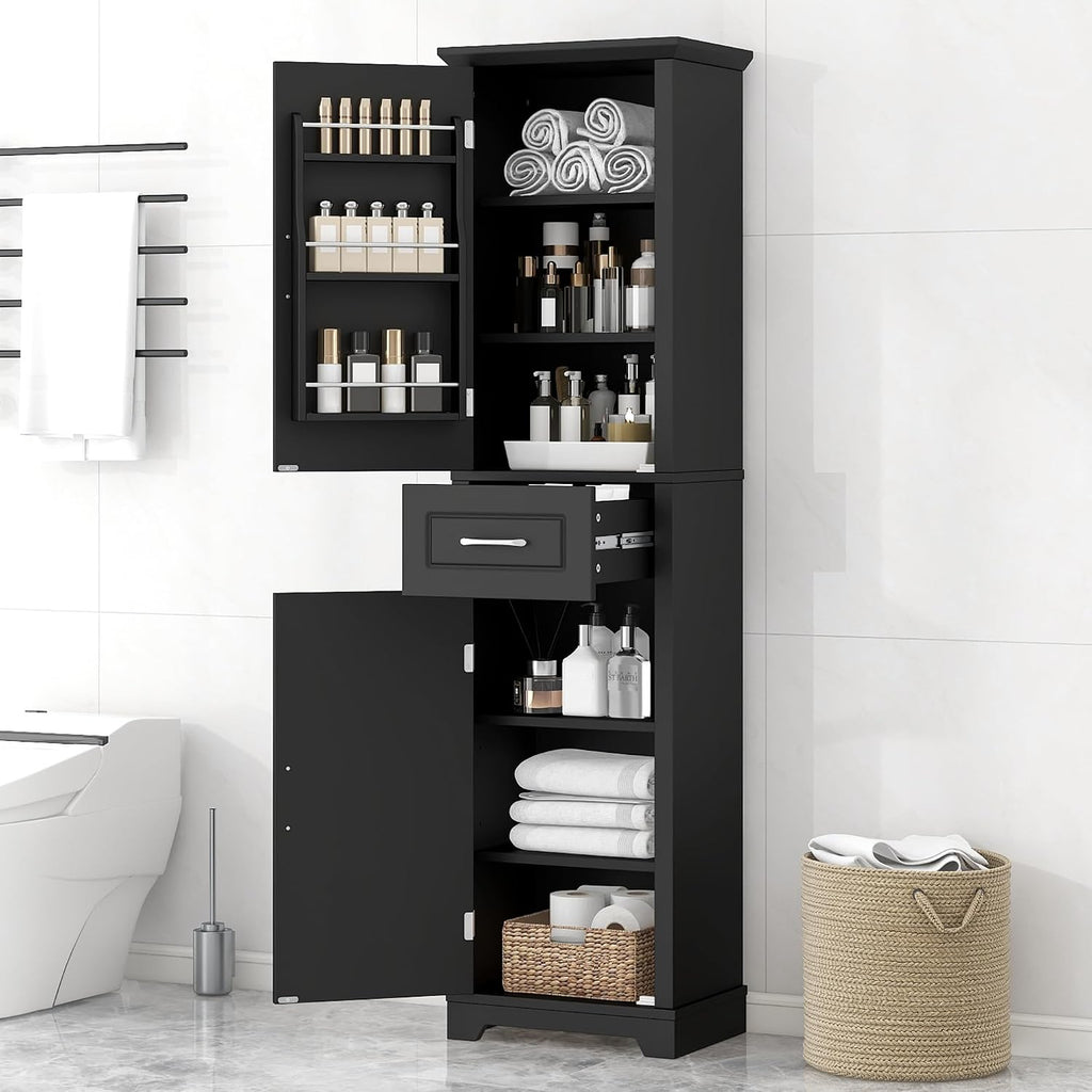 Tall Bathroom Storage Cabinet, Freestanding Bathroom Accent Storage Cabinet with Built-in Door Shelf & Adjustable Shelves, MDF Board with Painted Finish for Home Kitchen, Living room (Black Style4)