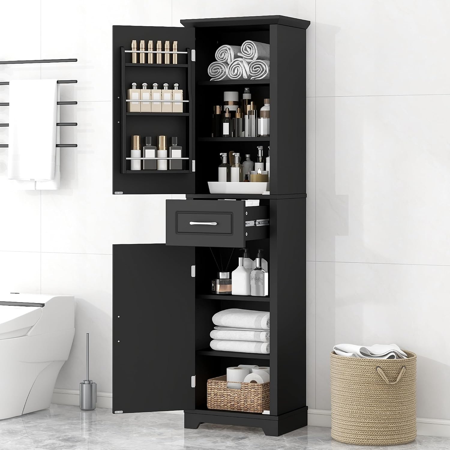 Tall Bathroom Storage Cabinet, Freestanding Bathroom Accent Storage Cabinet with Built-in Door Shelf & Adjustable Shelves, MDF Board with Painted Finish for Home Kitchen, Living room (Black Style4)