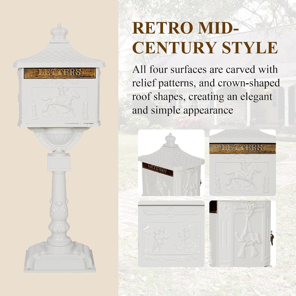Mailbox, Heavy Duty Cast Aluminum Postal Box, Mail Box with 2 Keys for Courtyard Villa Decoration - White