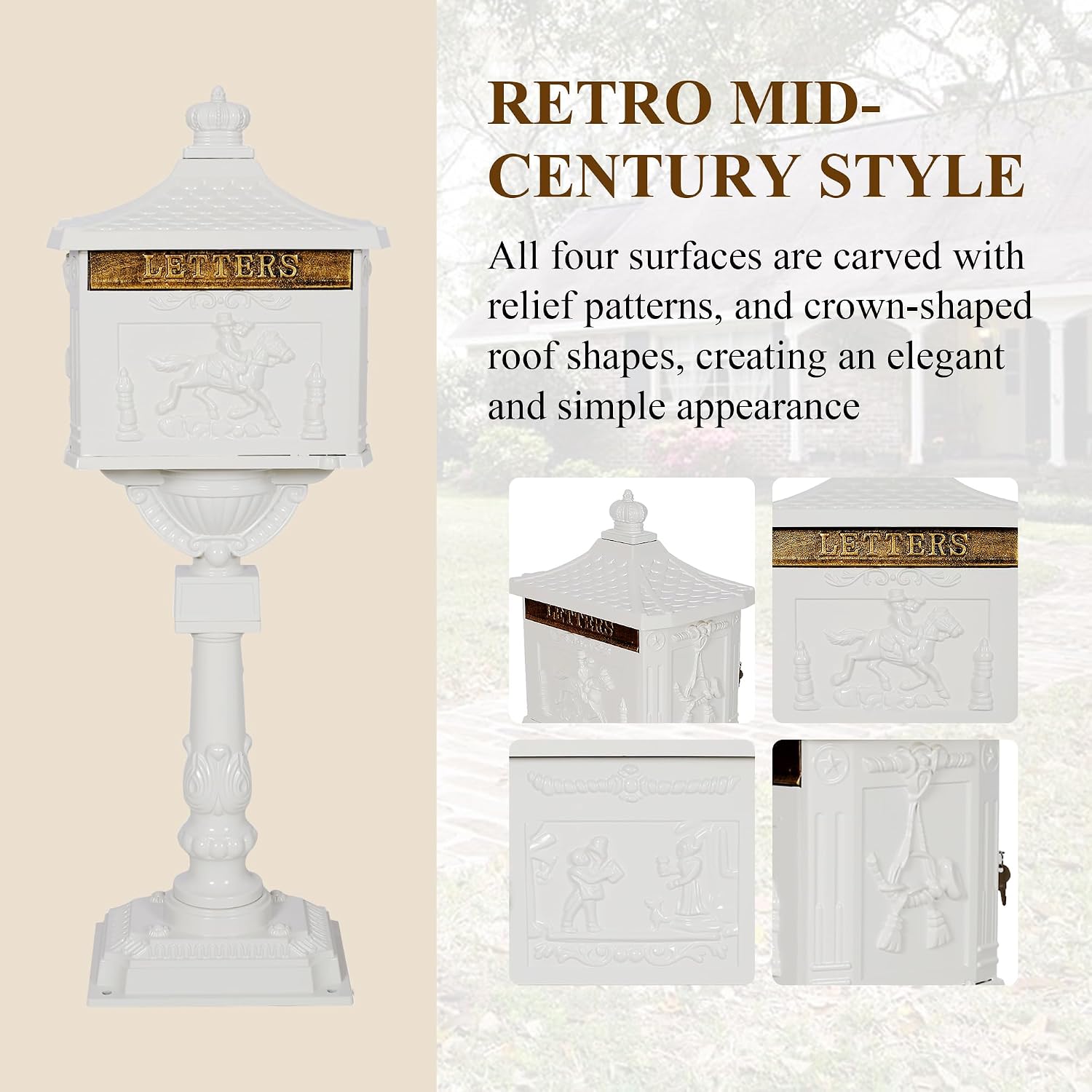 Mailbox, Heavy Duty Cast Aluminum Postal Box, Mail Box with 2 Keys for Courtyard Villa Decoration - White