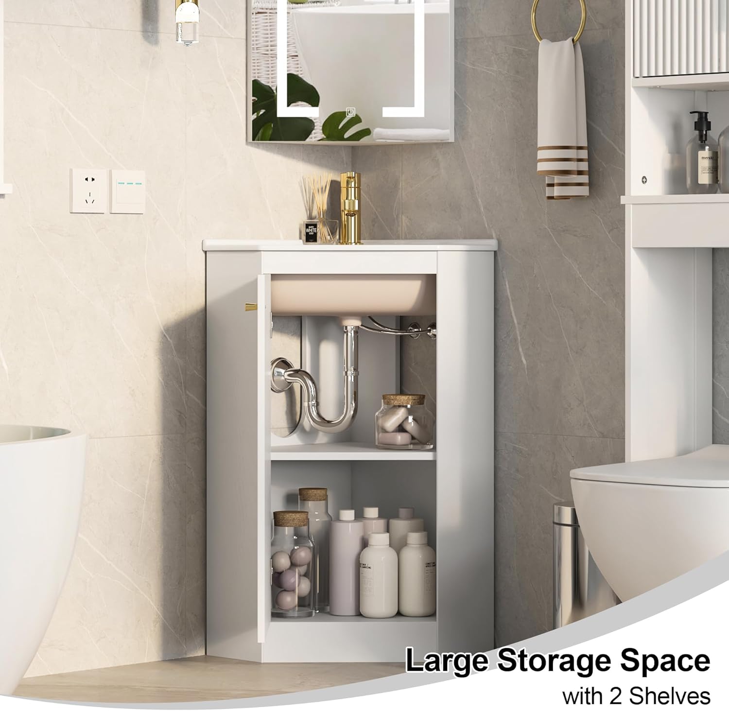 24' Corner Bathroom Vanity Sink Combo for Small Space, Freestanding Compact Space Bathroom Storage Cabinet with White Ceramic Sink, Wall Mounted Modern Vanity,White