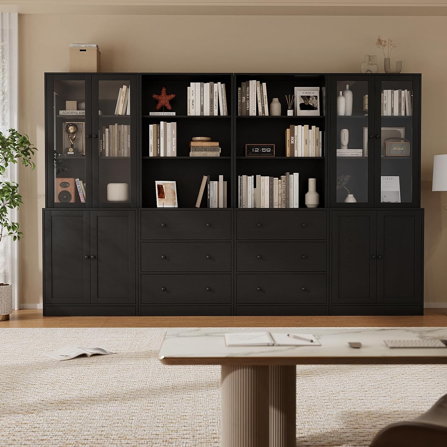 TUSY 71' H Bookshelf with Storage, 6-Tier Modern Bookshelves with 3 Large Drawer, Display Bookcase with Glass Doors, Modern 5-Tier Curio Cabinet for Home Office, Dining Room (Black, ABBA)