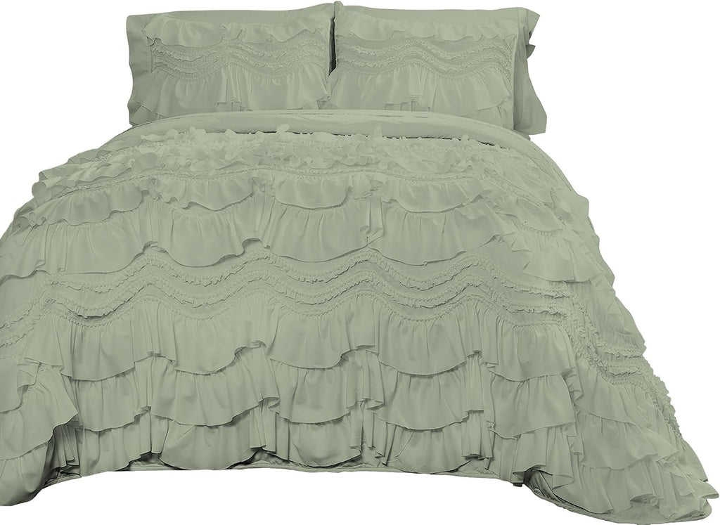 100% Egyptian Cotton, 550 GSM Microfiber Filled Quilt Ruffled Textured 3 Piece Full/Queen Size Comforter Set, Light Sage