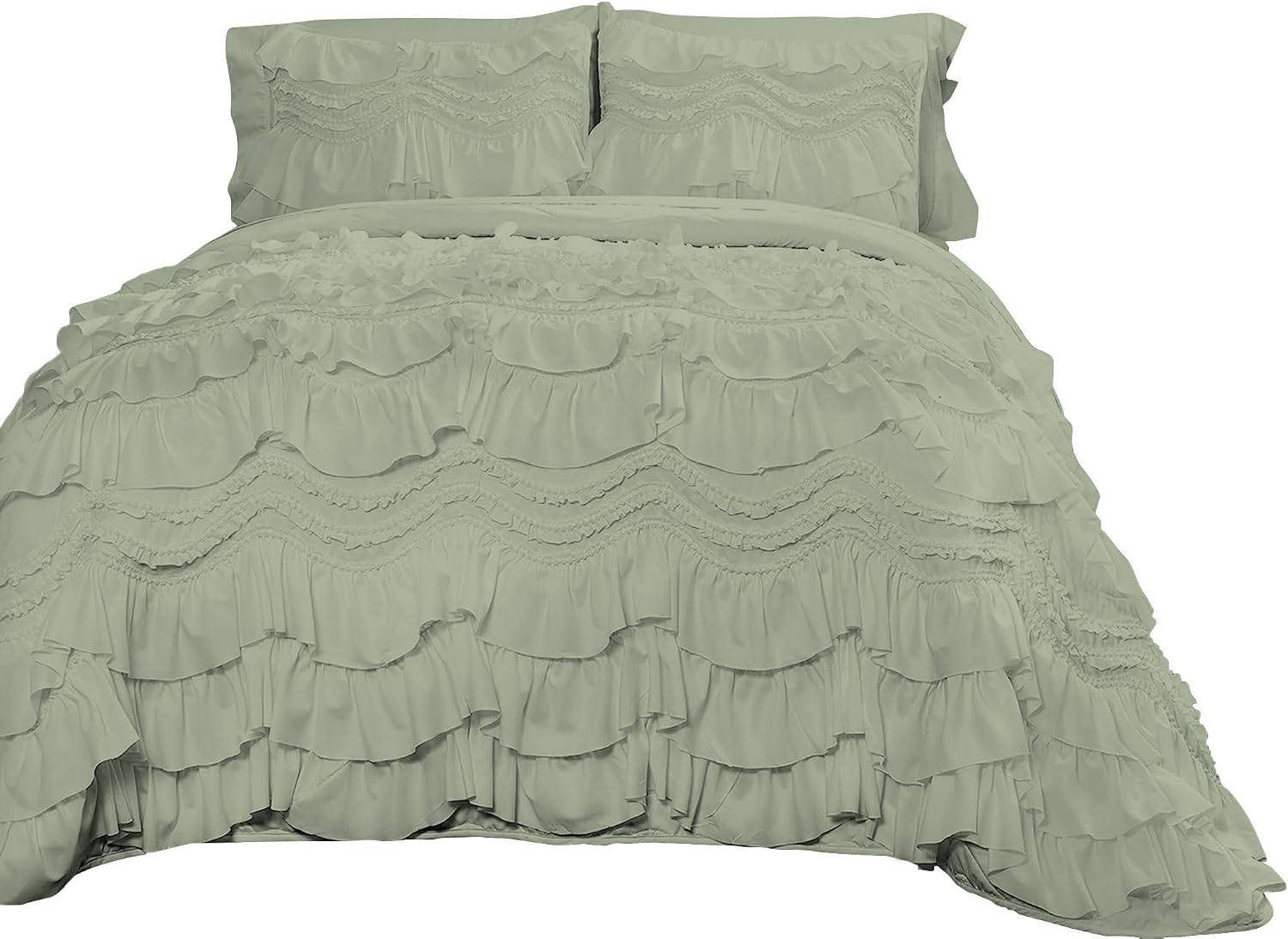 100% Egyptian Cotton, 550 GSM Microfiber Filled Quilt Ruffled Textured 3 Piece Full/Queen Size Comforter Set, Light Sage