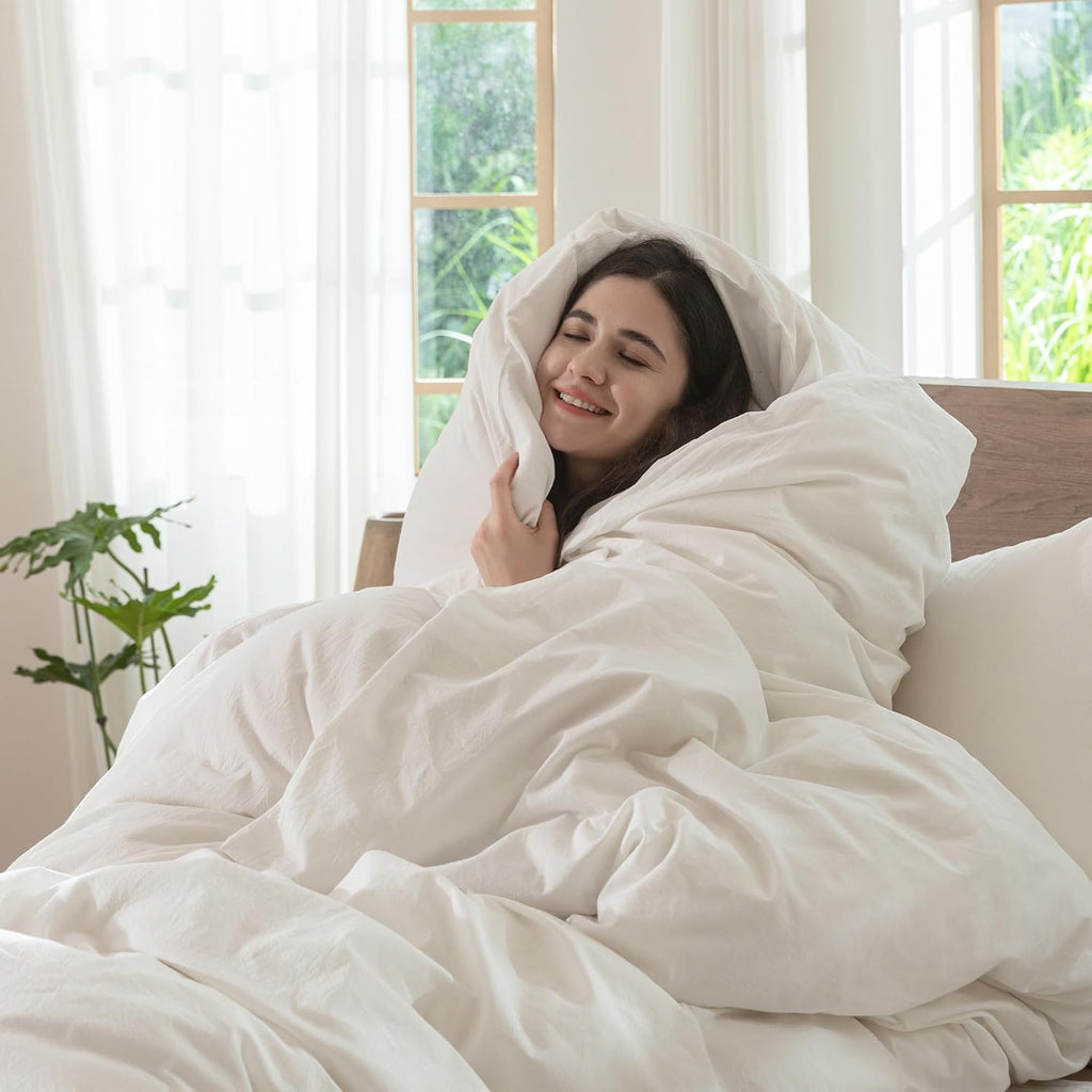 MooMee Bedding Duvet Cover Set 100% Washed Cotton Linen Like Textured Breathable Durable Soft Comfy (Solid Off White, Alaska King 132'x120')