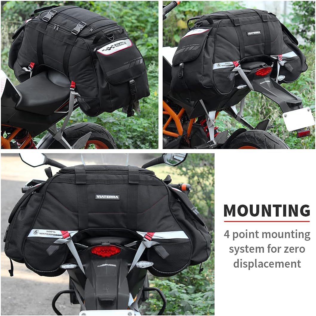 ViaTerra 100% Waterproof Claw Motorcycle Tail Bag (72L, Black) I Roll top Construction with Inner Liner I Free Outer Rain/Dust Cover I Fits Most Bikes