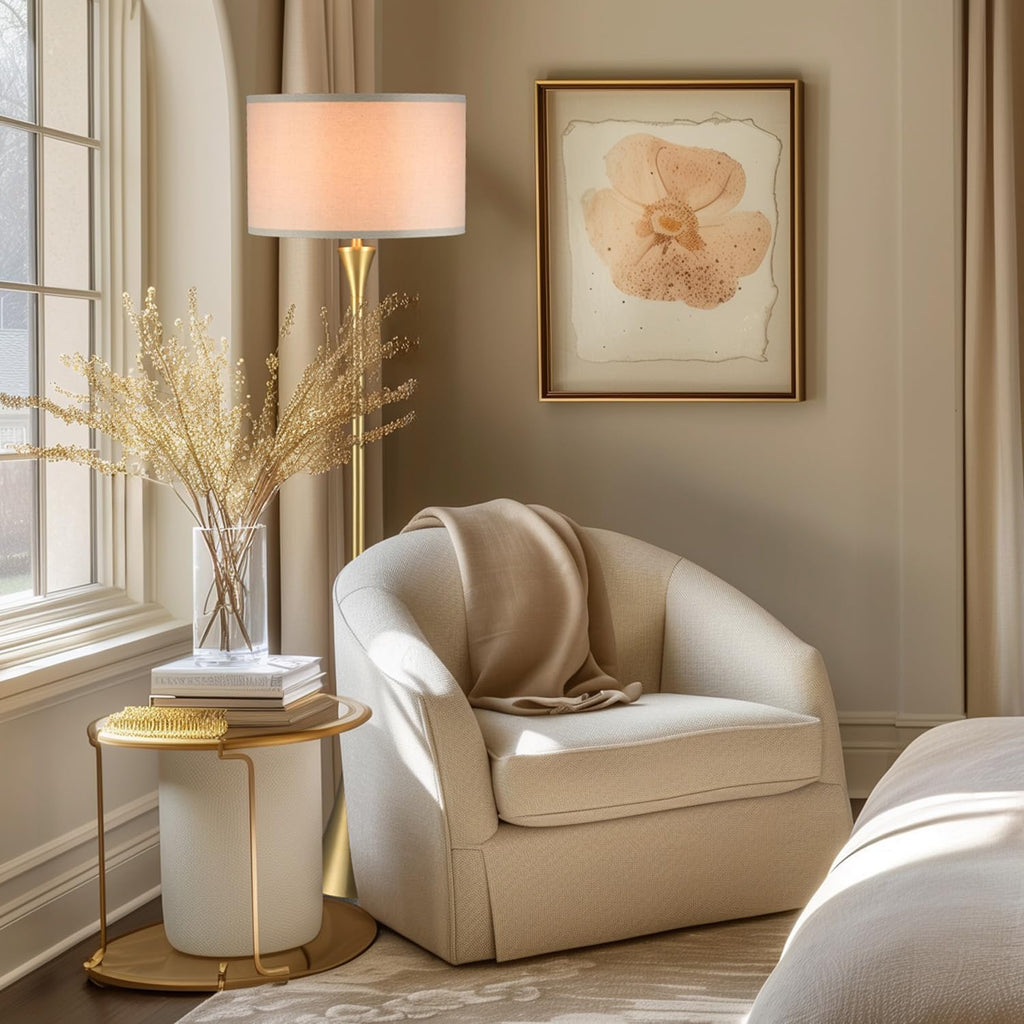 Globe Electric 61000150 60' Floor Lamp, Antique Brass Finish, Beige Fabric Shade, Mid-Century Modern Standing Lamp, E26 Base, Sustainable Design for Living Rooms and Bedrooms