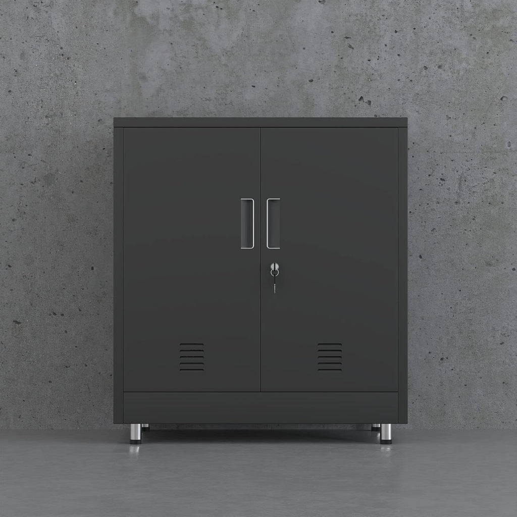 JINGUR Metal Storage Cabinet with Locking Doors and Adjustable Shelf, Small Lockable Sideboard Buffet Cabinet for Home Office Hallway Entryway Living Dining Room (Black)