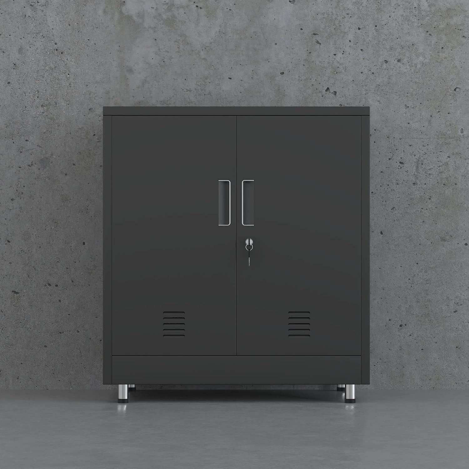 JINGUR Metal Storage Cabinet with Locking Doors and Adjustable Shelf, Small Lockable Sideboard Buffet Cabinet for Home Office Hallway Entryway Living Dining Room (Black)