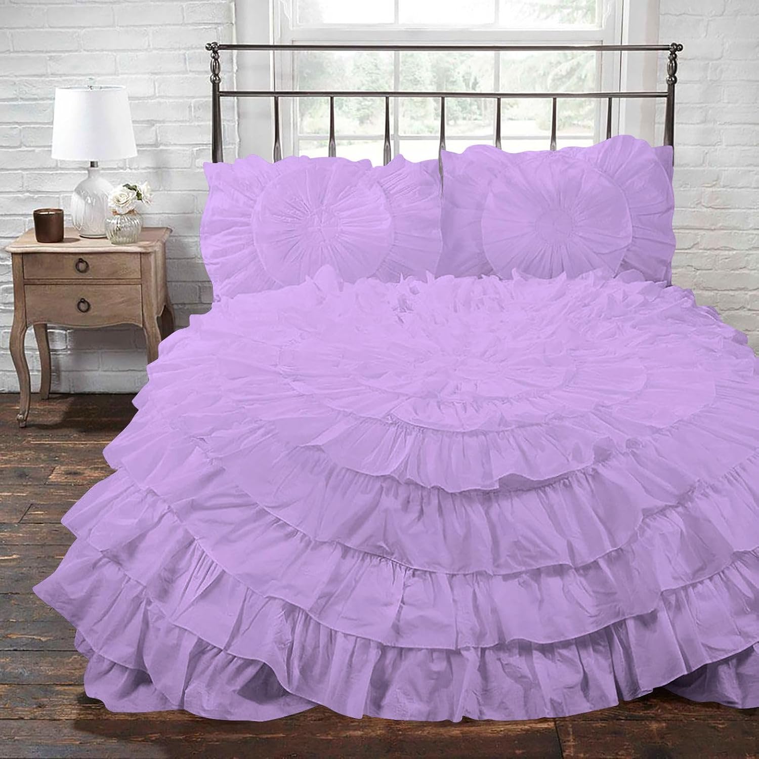 3 Piece 100% Egyptian Cotton Circle Ruffle Comforter Set, 550 GSM Filled Microfiber - Full/Queen Size, Lilac Color - 1000 Thread Count
