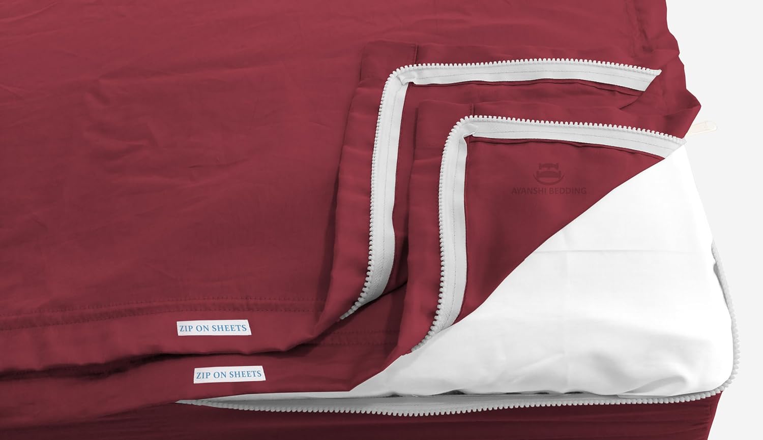 Cotton Zip On Fitted Sheet Queen - 2 Zip Sheets & 1 Fitted Sheet Base - Upto 16' Inch Deep Pocket Queen Size Zipper Fitted Sheets - Soft & Luxury 600 TC 100% Cotton - Burgundy
