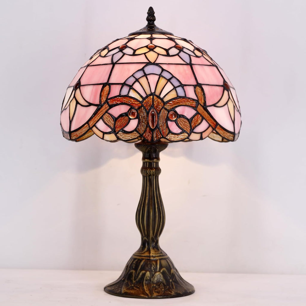 WERFACTORY Tiffany Lamp Stained Glass Table Lamp 12X12X18 Inch Pink Baroque Style Lavender Bedside Reading Desk Light Decor Bedroom Living Room Home Office S003P Series