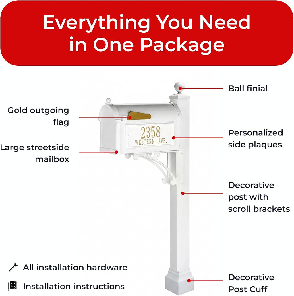 Custom Address Mailbox with Post in White Whitehall Deluxe Streetside Mailbox Personalized Plaques Weather-Resistant Cast Aluminum Design