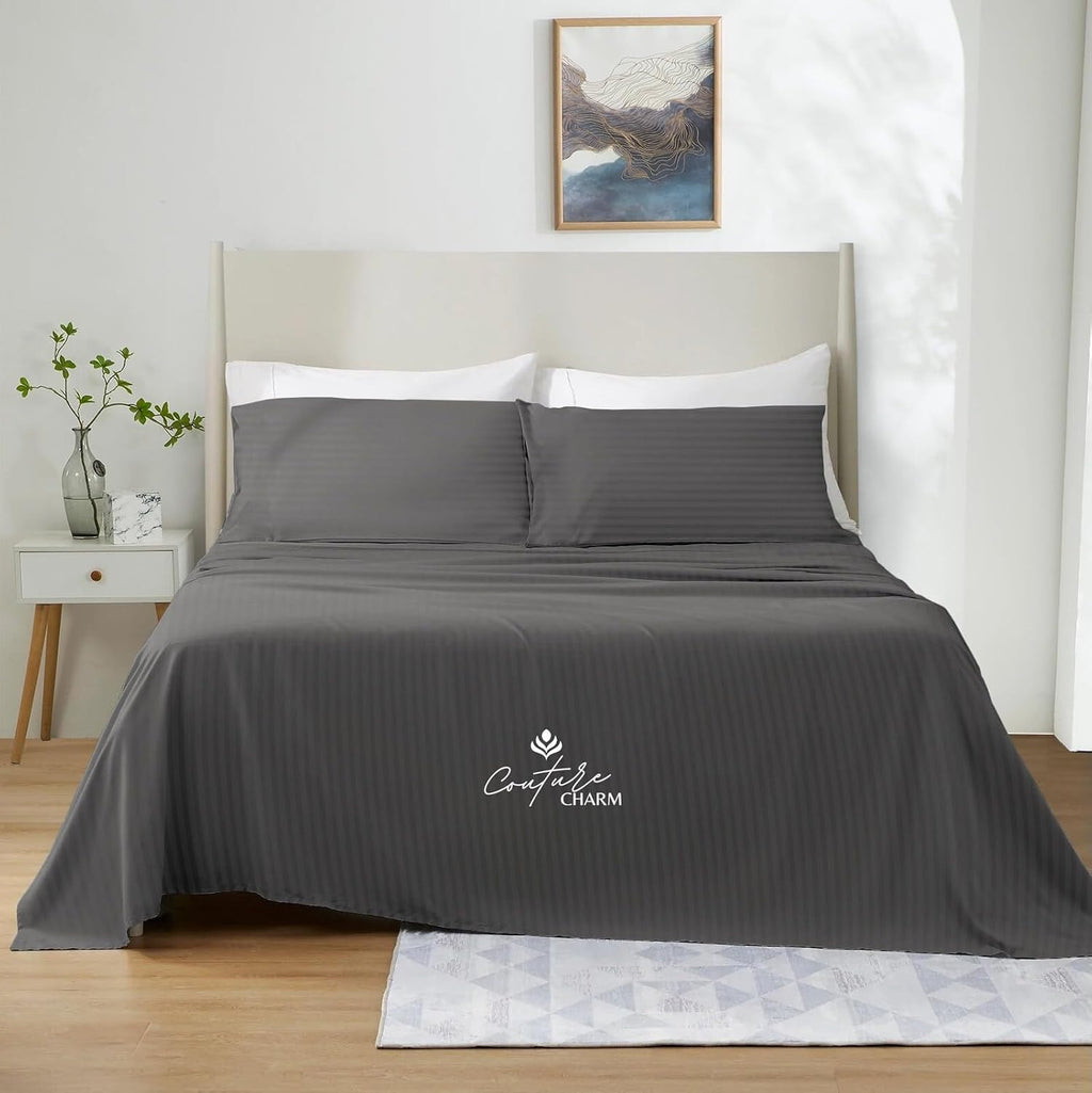 Queen Size 1000 Thread Count 100% Egyptian Cotton Sheet Set, 4-Piece, Sateen Weave, with 10-12'' Deep Pocket Snug Fit (Stripe, Grey)