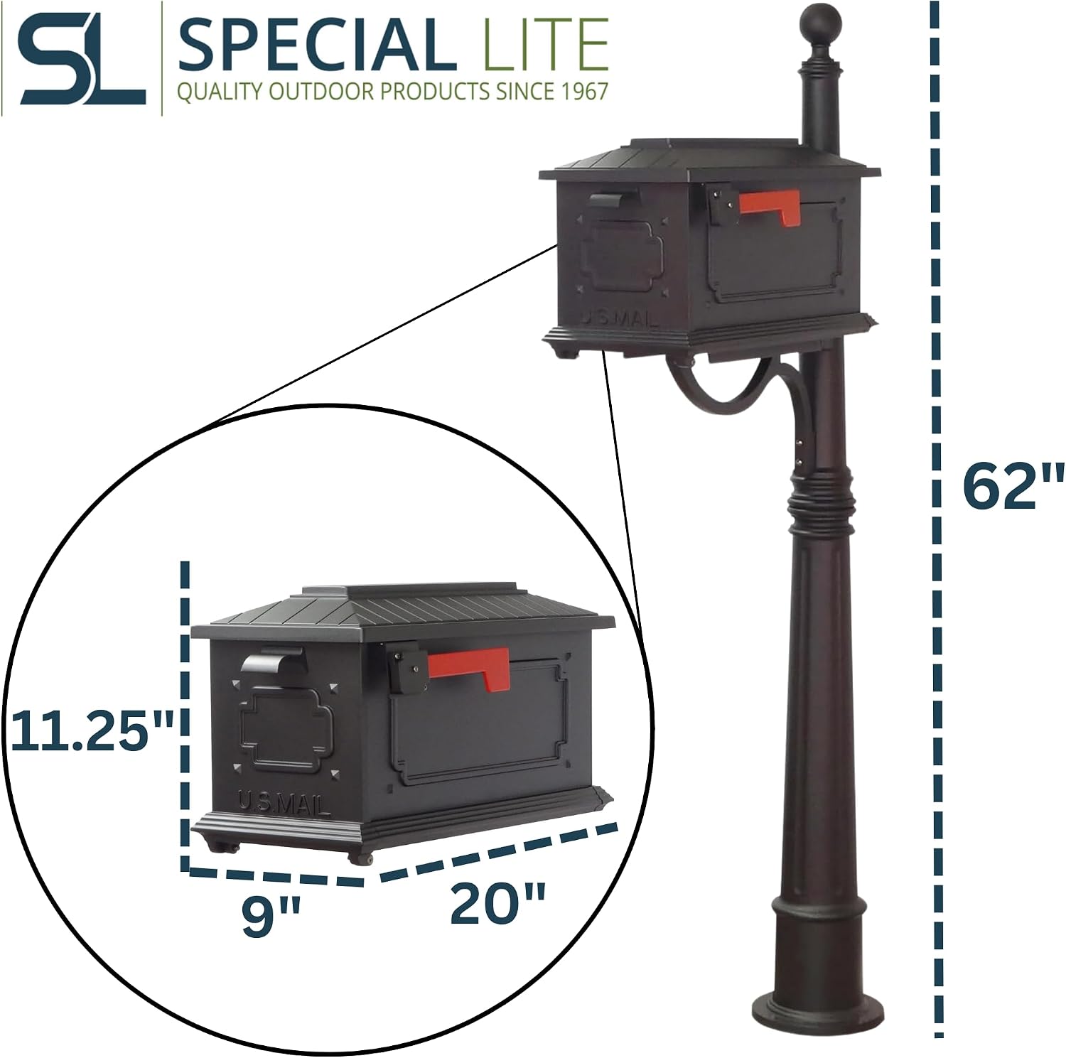 Special Lite Kingston Curbside Mailbox with Ashland Post - Black Mailbox with Aluminum Post - SCK-1017_SPK-600-BLK