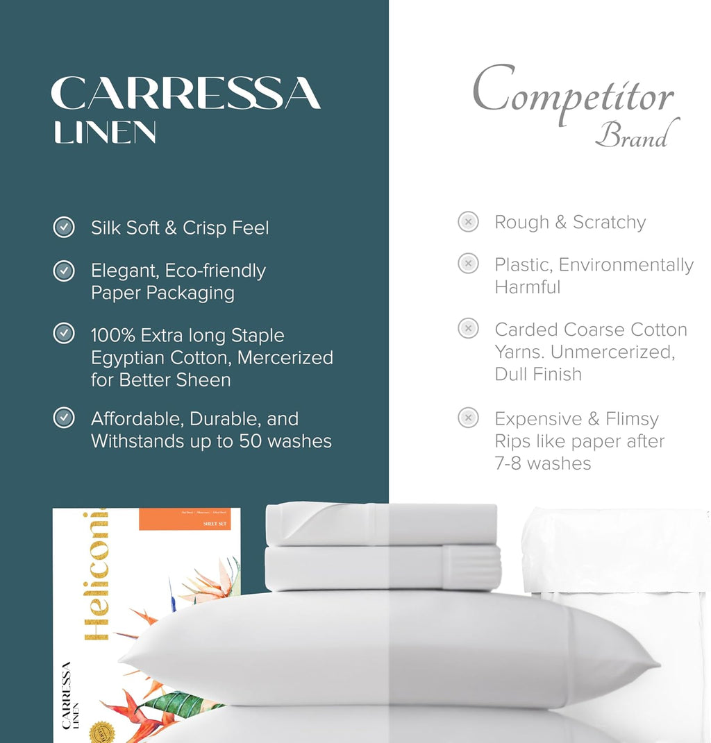 Carressa Linen 100% Egyptian Cotton Sheets Queen Size Bed Set - Luxury 1500 Series Heliconia Collection Egyptian Cotton Queen Sheet Set (4 PC, Ivory), 17' Deep Pocket, Sateen Hotel Quality Bedding