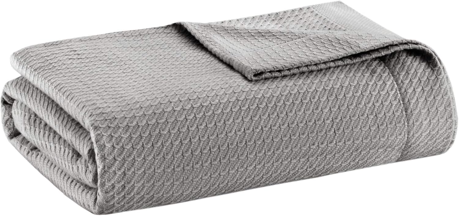 Madison Park 100% Egyptian Cotton Lightweight Summer Blanket, Breathable Waffle Knit Design, Soft Cozy All-Season Throw for Bed, Couch or Sofa, Grey Full/Queen Size (90'x90')