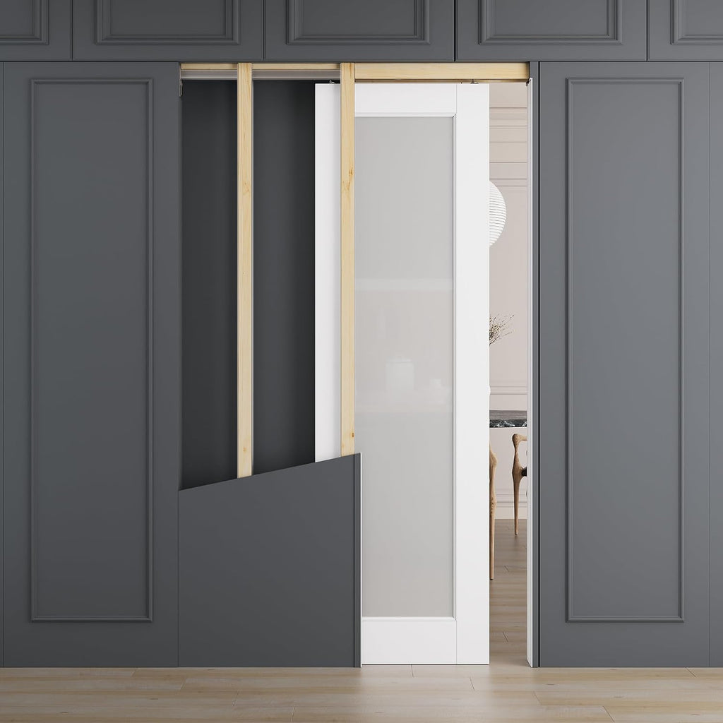 All-Inclusive Soft-Close Sliding Pocket Door 18' x 80' Frosted Glass Sliding Doors with Frame & Hardware Kit, Pocket Interior Doors for Home, White Primed