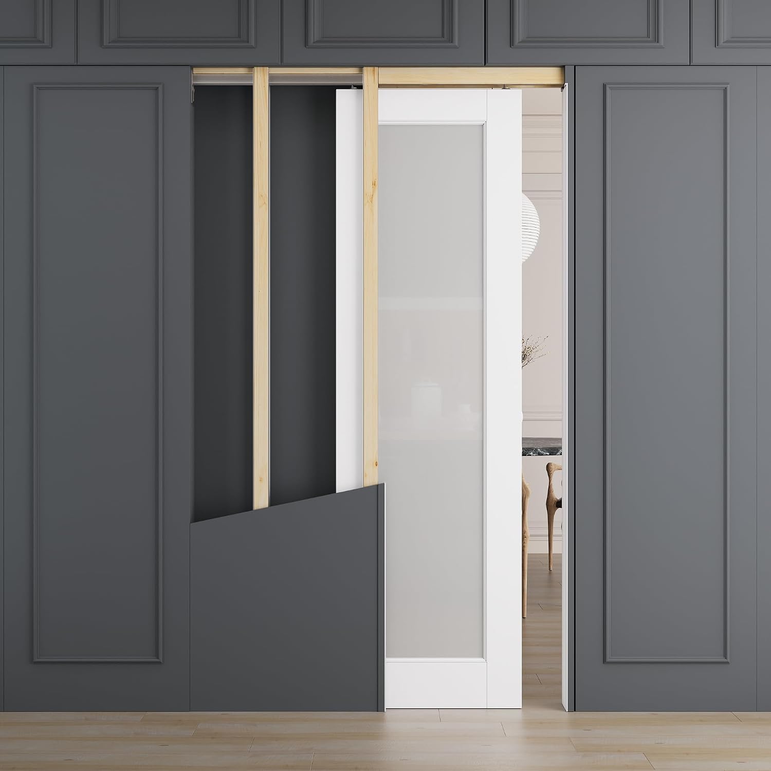 All-Inclusive Soft-Close Sliding Pocket Door 18' x 80' Frosted Glass Sliding Doors with Frame & Hardware Kit, Pocket Interior Doors for Home, White Primed
