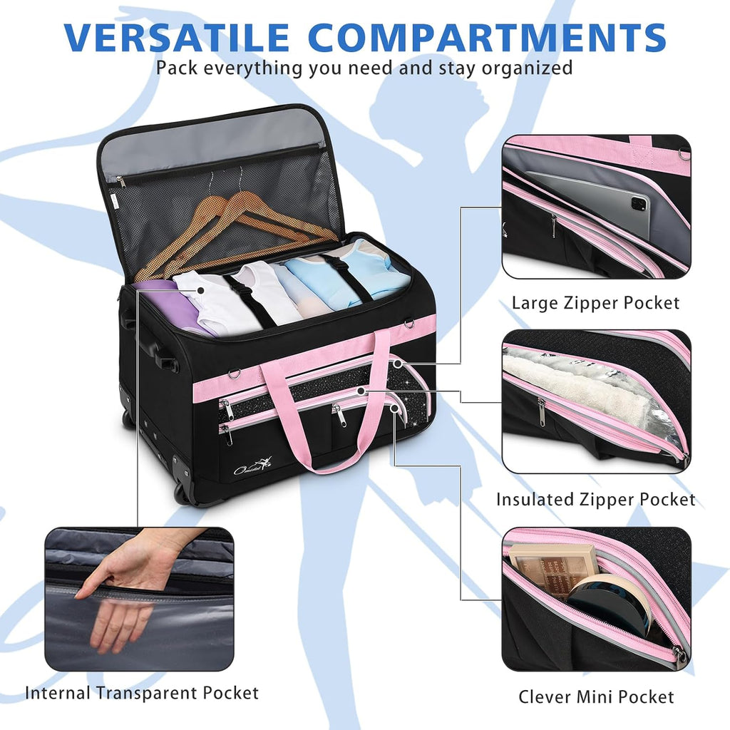 Dance Bag with Garment Rack, 28' Rolling Dance Suitcase Competition Duffle Bag with Garment Rack & Wheels | Versatile Compartments, Upgraded Stable System for Dance Shows, Travel, Cheer, Recital