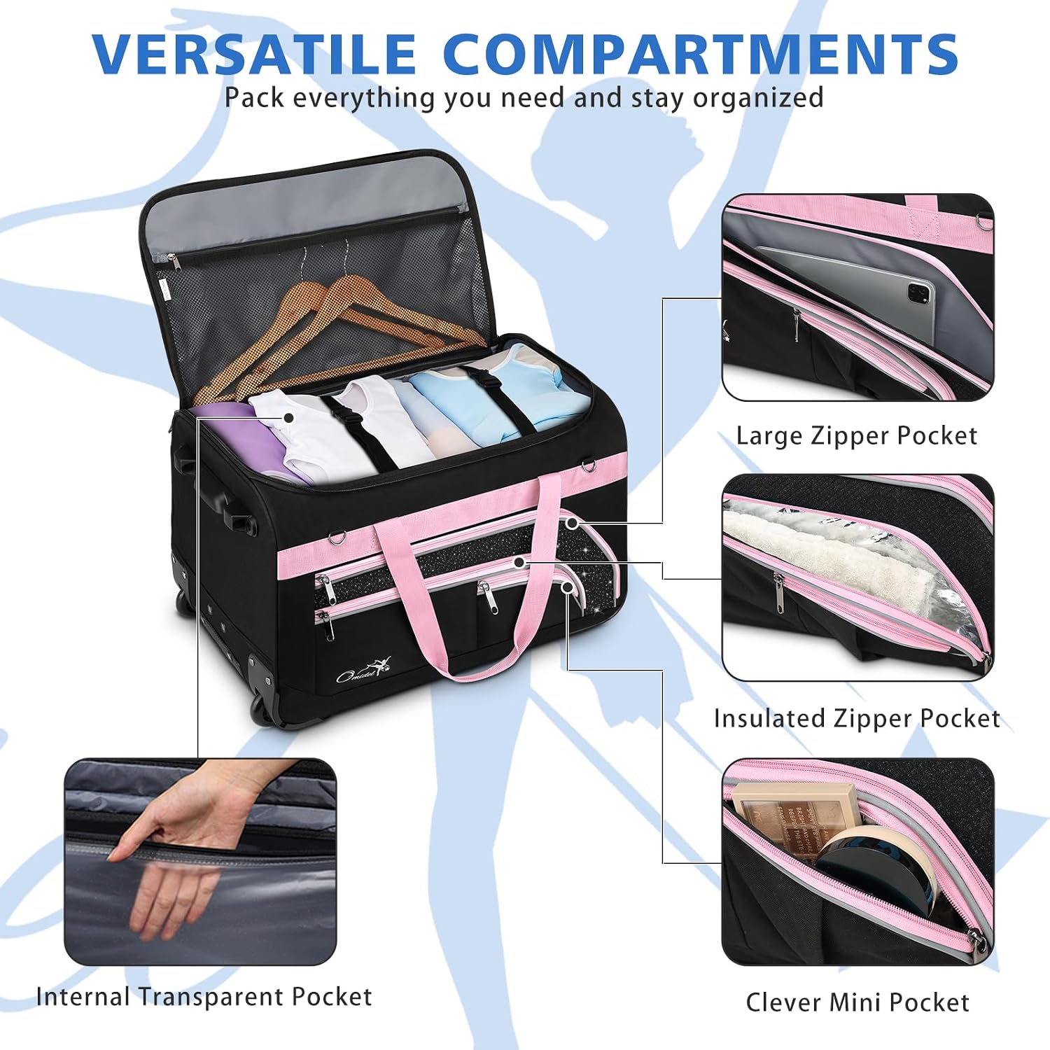 Dance Bag with Garment Rack, 28' Rolling Dance Suitcase Competition Duffle Bag with Garment Rack & Wheels | Versatile Compartments, Upgraded Stable System for Dance Shows, Travel, Cheer, Recital