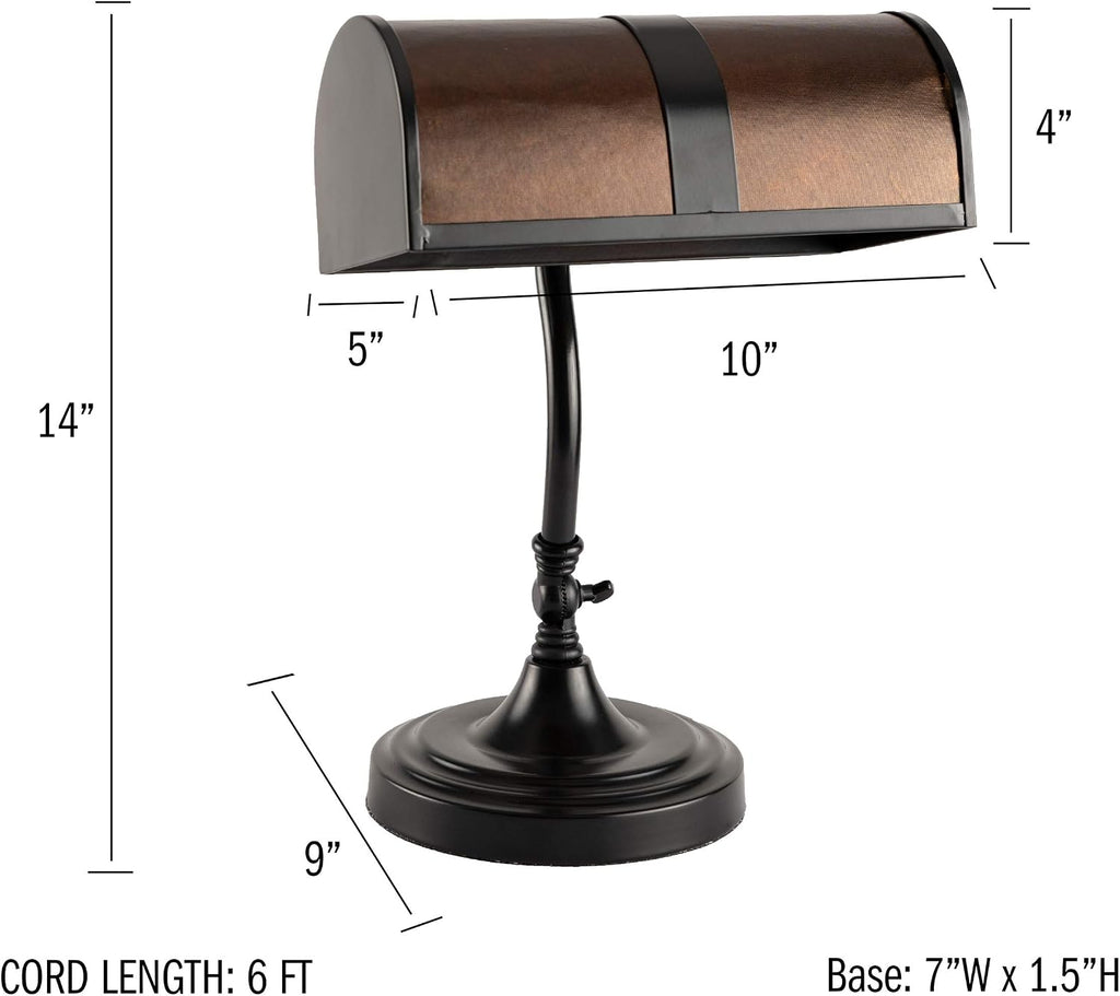 Lavish Home Bankers Lamp - Mission Style Amber Mica Shade Table or Desk Light LED Bulb Included Classic Vintage Look Accent Decor Dark Brown, Black, Off White 10 x 9 x 14 (L x W x H)