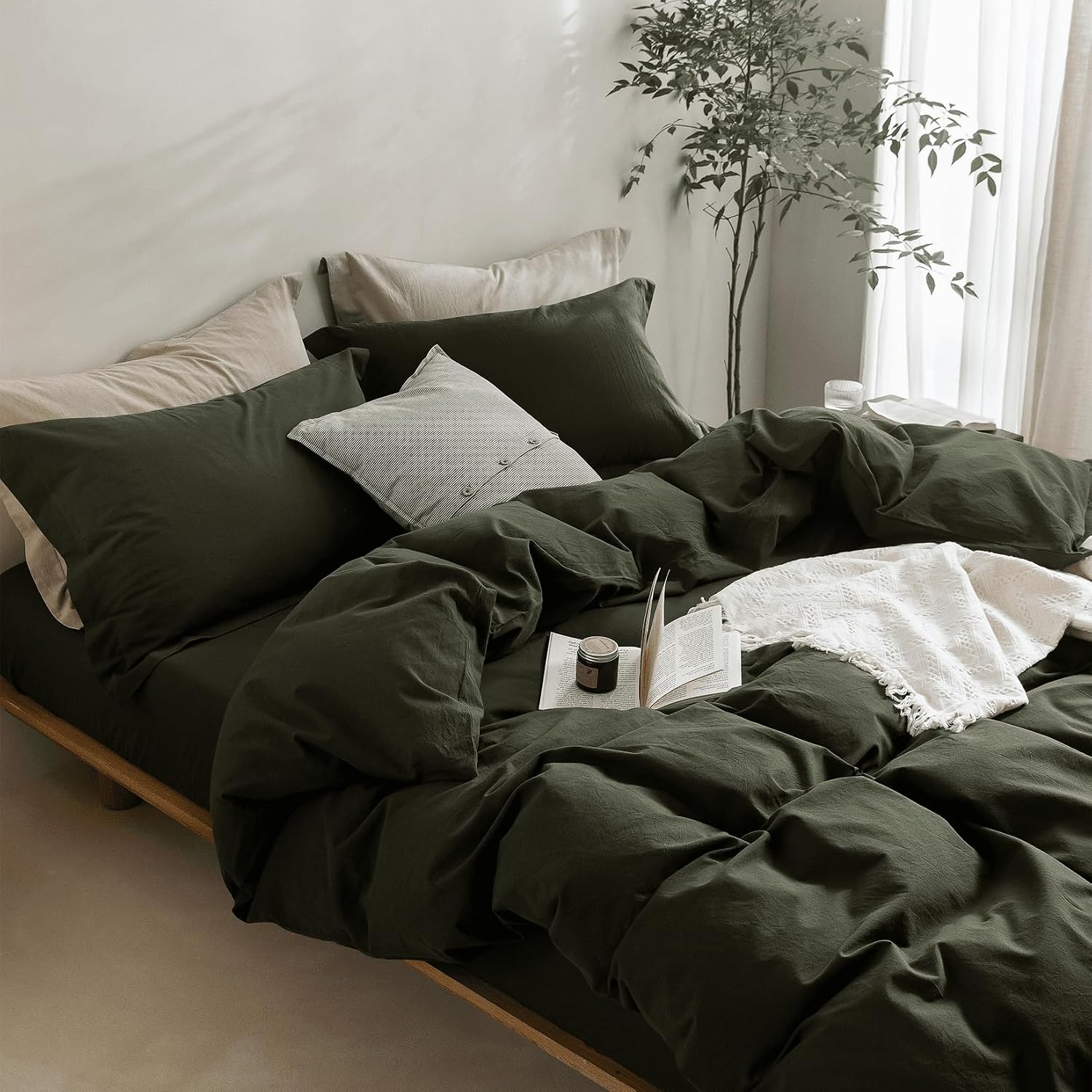 BDEAR Olive Green Duvet Cover Alaskan King Size 132'' W x 120'' L, 100% Washed Cotton Duver Cover with Zipper Closure Plus 2 Pillowcases, Oeko TEX Standard 100 Certificated, Cozy Feel