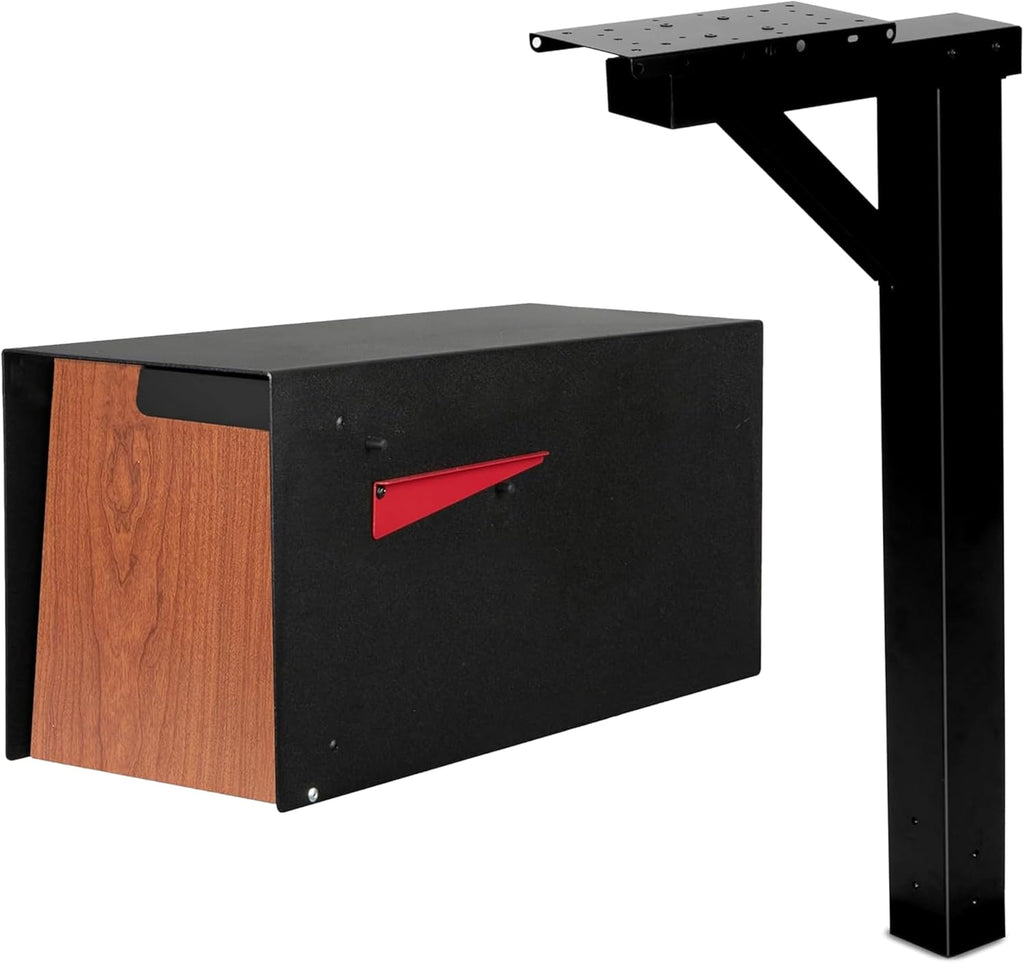 Ilyapa Modern 21' Mailbox & 43' Post Mount - Heavy Duty Black Metal Mail Box with Redwood Trim & Universal Post Sleeve for Curbside/Front Yard - Weather Resistant Outdoor Mailboxes