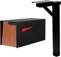 Ilyapa Modern 21' Mailbox & 43' Post Mount - Heavy Duty Black Metal Mail Box with Redwood Trim & Universal Post Sleeve for Curbside/Front Yard - Weather Resistant Outdoor Mailboxes