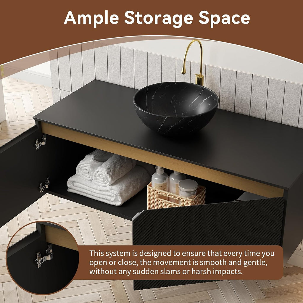 48 Inch Bathroom Vanity with Sink, Floating Fluted Vanity with Vessel Sink, Modern Wall Mounted Bathroom Vanity Cabinet with 2 Doors, Bowl Vessel Sink & Sintered Stone Top, Black