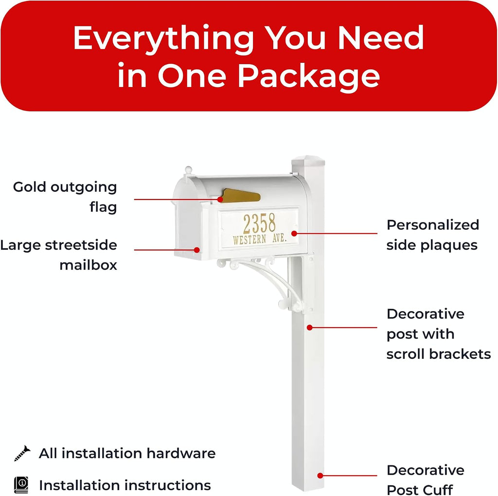 Whitehall White Superior Mailbox Package with Personalized Side Plaques & Post Fashion and Function with a Classic Design Including Street Name for Enhancing Curb Appeal of Your Home