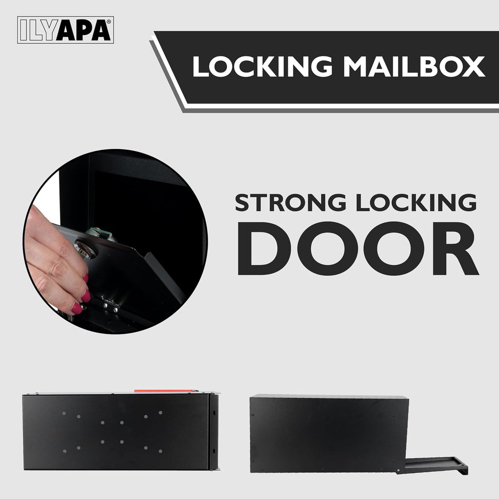 Ilyapa Locking Mailbox with Lock and Key Modern Mailboxes for Outside Post Mount - Black Powder Coated Steel, All Weather & Corrosion Resistant, Stainless Steel, Modern