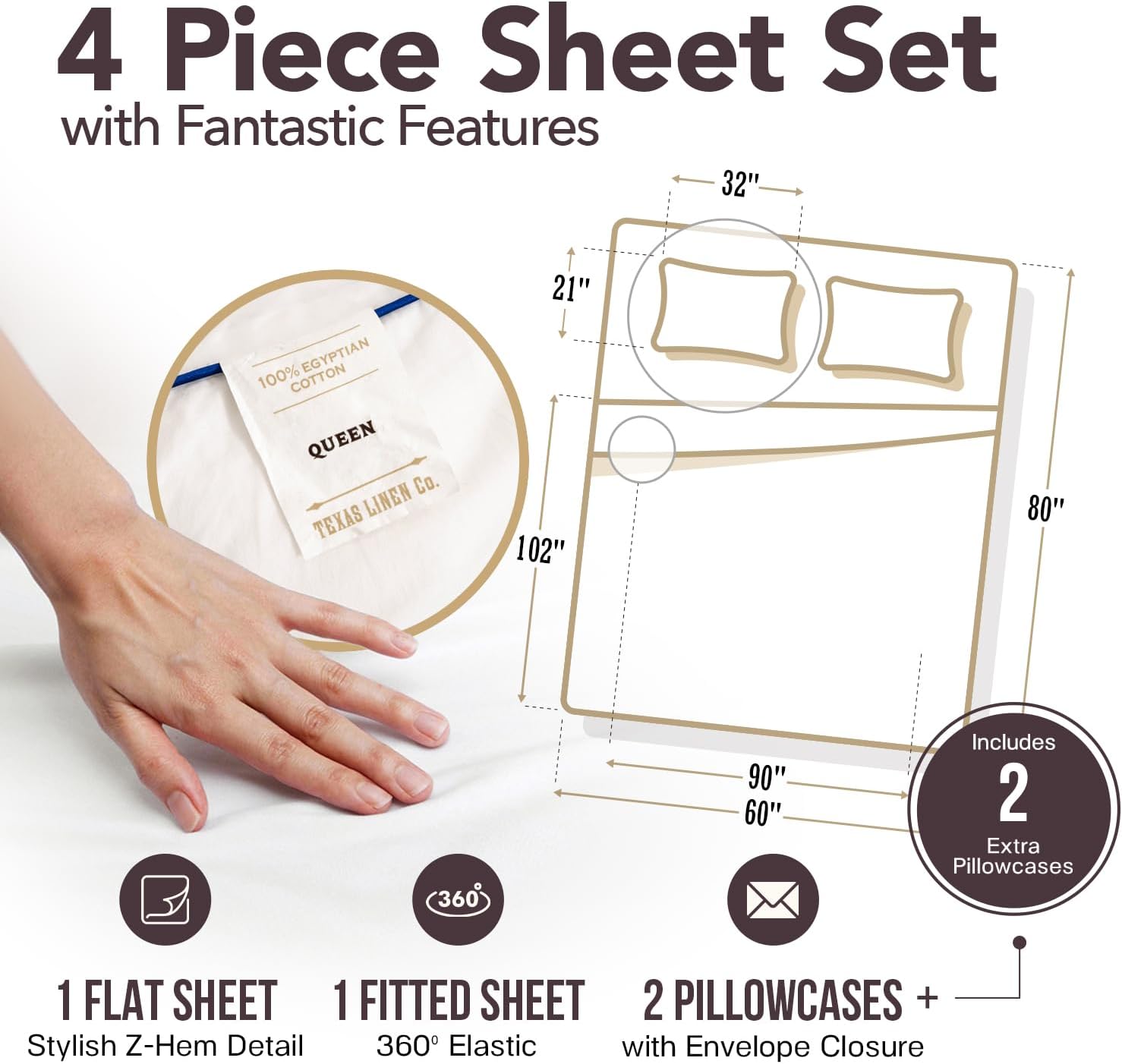 TEXAS LINEN CO. 100% Egyptian Cotton Sheets Queen Size - Snoozin' Supreme Collection 2000 Series Luxury Queen Bed Sheet Set, Cooling Sateen Weave, 17' Extra Deep Pocket Hotel Sheets (4 Pc, White)