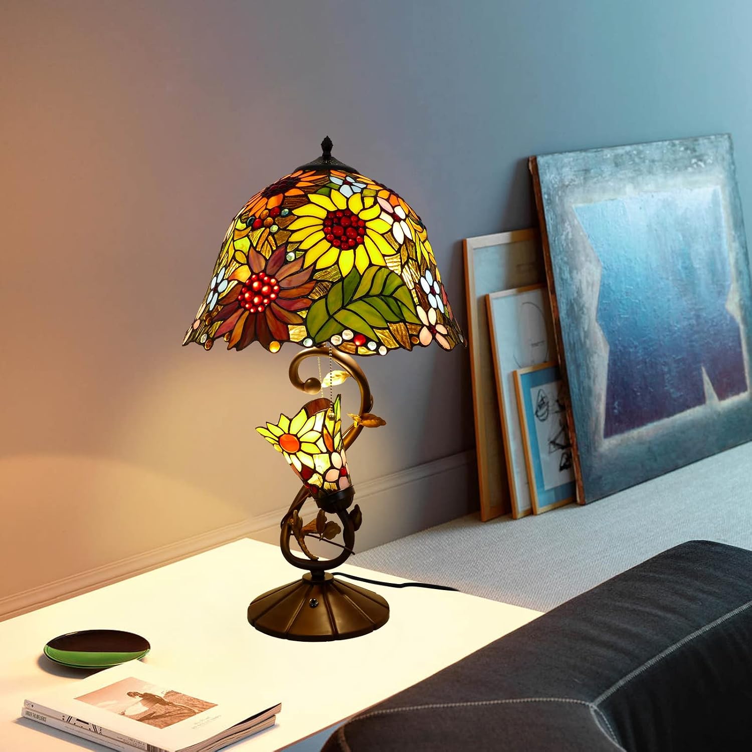 Sunflowers Tiffany Table Lamp Multi-Color Flowers Table Lamp Stained Glass Lamp 16X16X28 Inch Bedside Nightstand Reading Desk Light for Bedroom Home Office Decor, LED Bulb Included