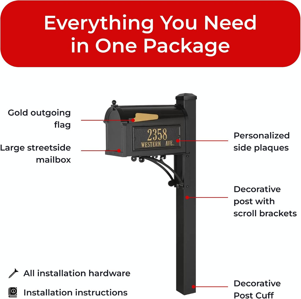 Superior Mailbox Package by Whitehall Black Large Cast Aluminum Mailbox with Decorative Post & Custom Address Side Plaques Weather Resistant Streetside Outdoor Mail Unit