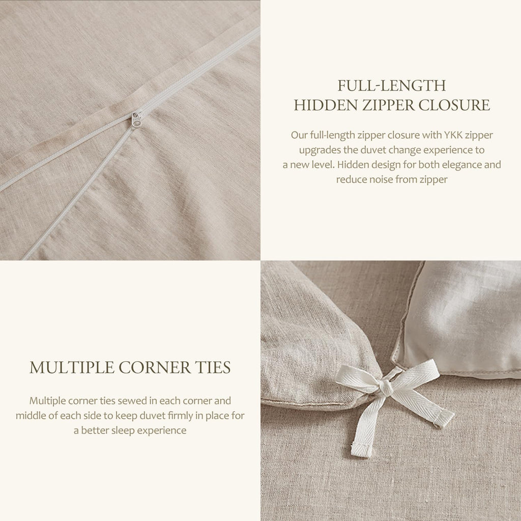 DAPU 100% Linen Duvet Cover Set 3PCs, Pure Natural French Flax Linen Duvet Cover King 90'x104' with Corner Ties and Zipper Closure, Soft Breathable Durable for Hot Sleepers (Natural Linen, King)