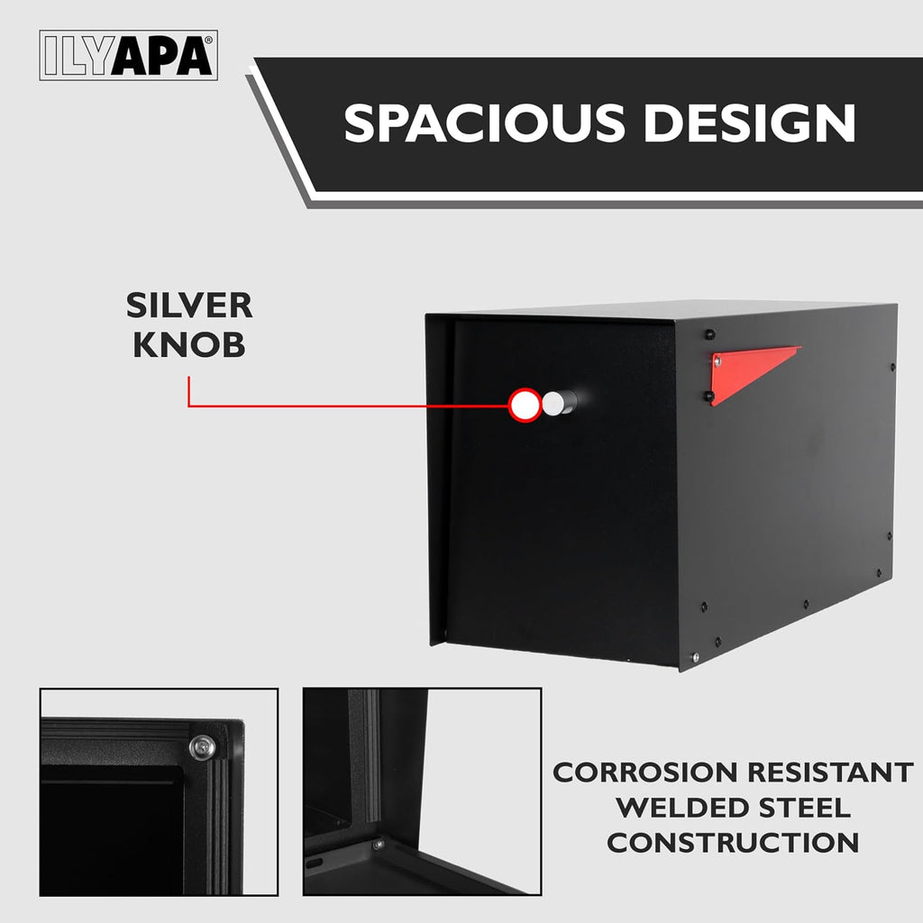 Ilyapa Modern Post Mount Mailbox & Heavy-Duty 43' Metal Post: Black Powder Coated Steel, Welded Curbside Mailbox w/Stainless Hinges & Universal Mounting Brackets