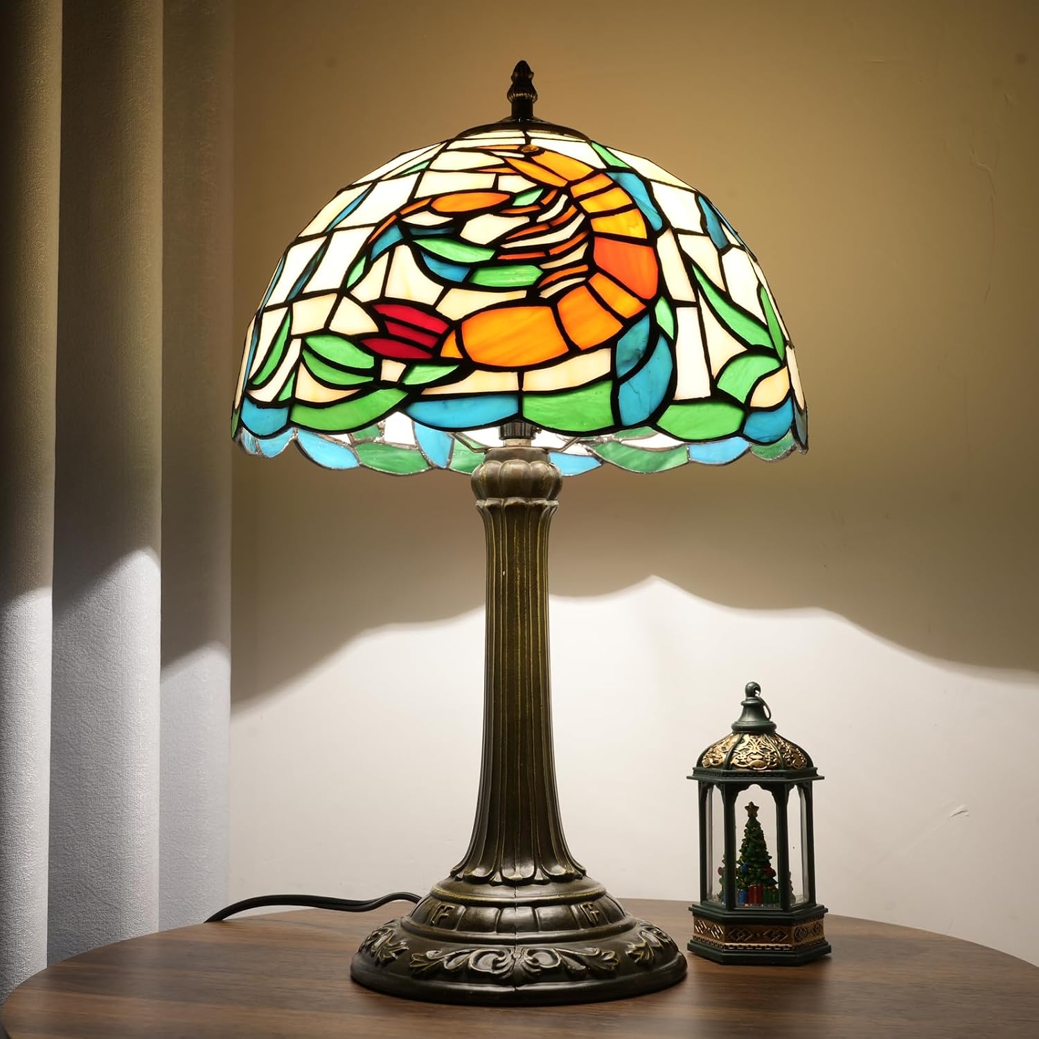 Tiffany Style Table Lamp with Orange Shrimp Stained Glass Lamp 12 Inch Retro Bronze Base Bedside Lamp Bedroom，Living Room, Bar,Cafe,Restaurant Hotel Coastal Style Decorative Ambient Light