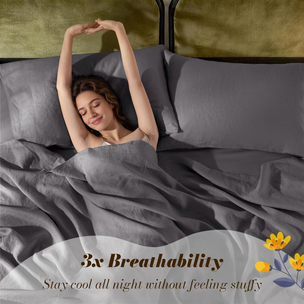 SONORO KATE 100% French Pure Linen Sheets, Breathable and Durable Linen Queen Size Sheets, Anti-Tear Linen Bed Sheets, Machine Washable, 16 Inch Deep Pocket - 4 Piece (Dark Grey, Queen)
