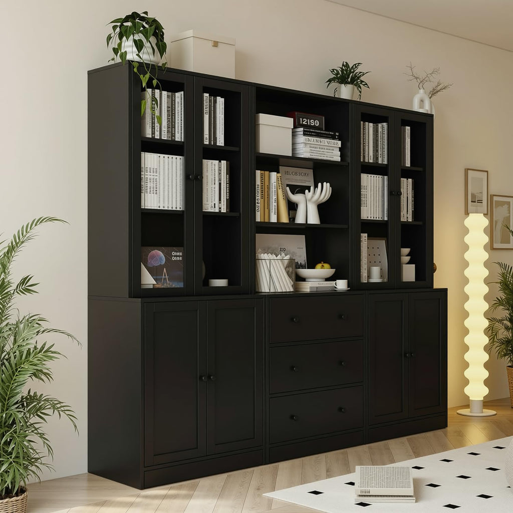 TUSY 71' H Bookshelf with Storage, 6-Tier Modern Bookshelves with 3 Large Drawer, Display Bookcase with Glass Doors, Modern 5-Tier Curio Cabinet for Home Office, Dining Room (Black, ABA)