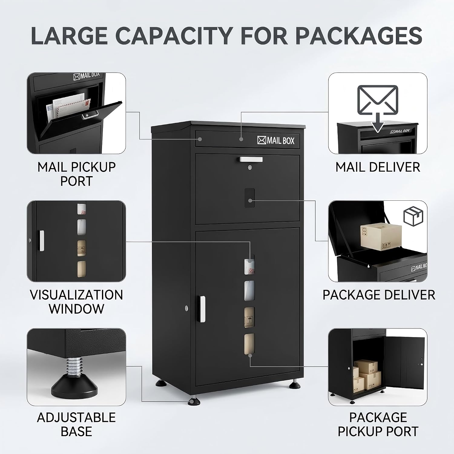 Parcel Drop Box with Mailbox, Extra Large Package Delivery Box for Outside, Anti-Theft Lockable Mail Box for Porch, Standing Courier Box for Packages and Letters with Delivery Sign, Black