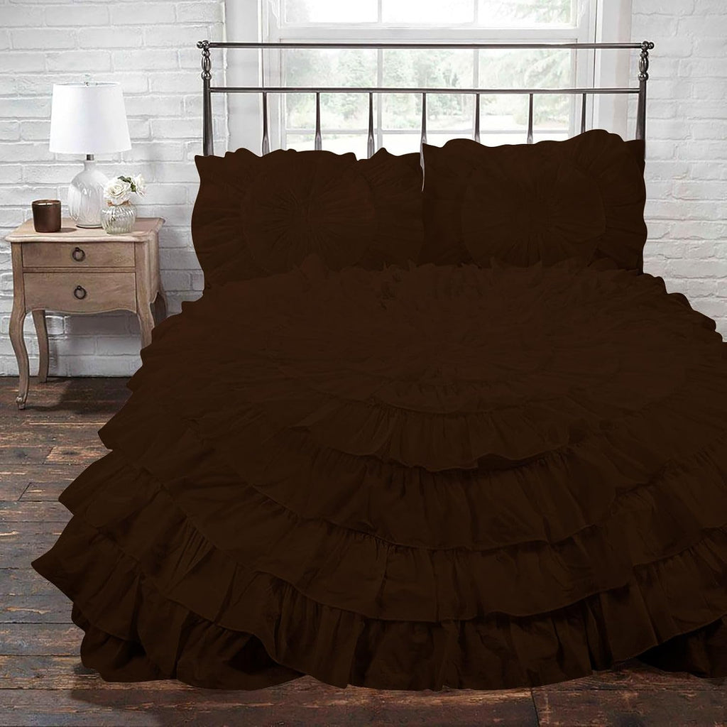 3 Piece 100% Egyptian Cotton Circle Ruffle Comforter Set, 550 GSM Filled Microfiber - Full/Queen Size, Chocolate Color - 1000 Thread Count