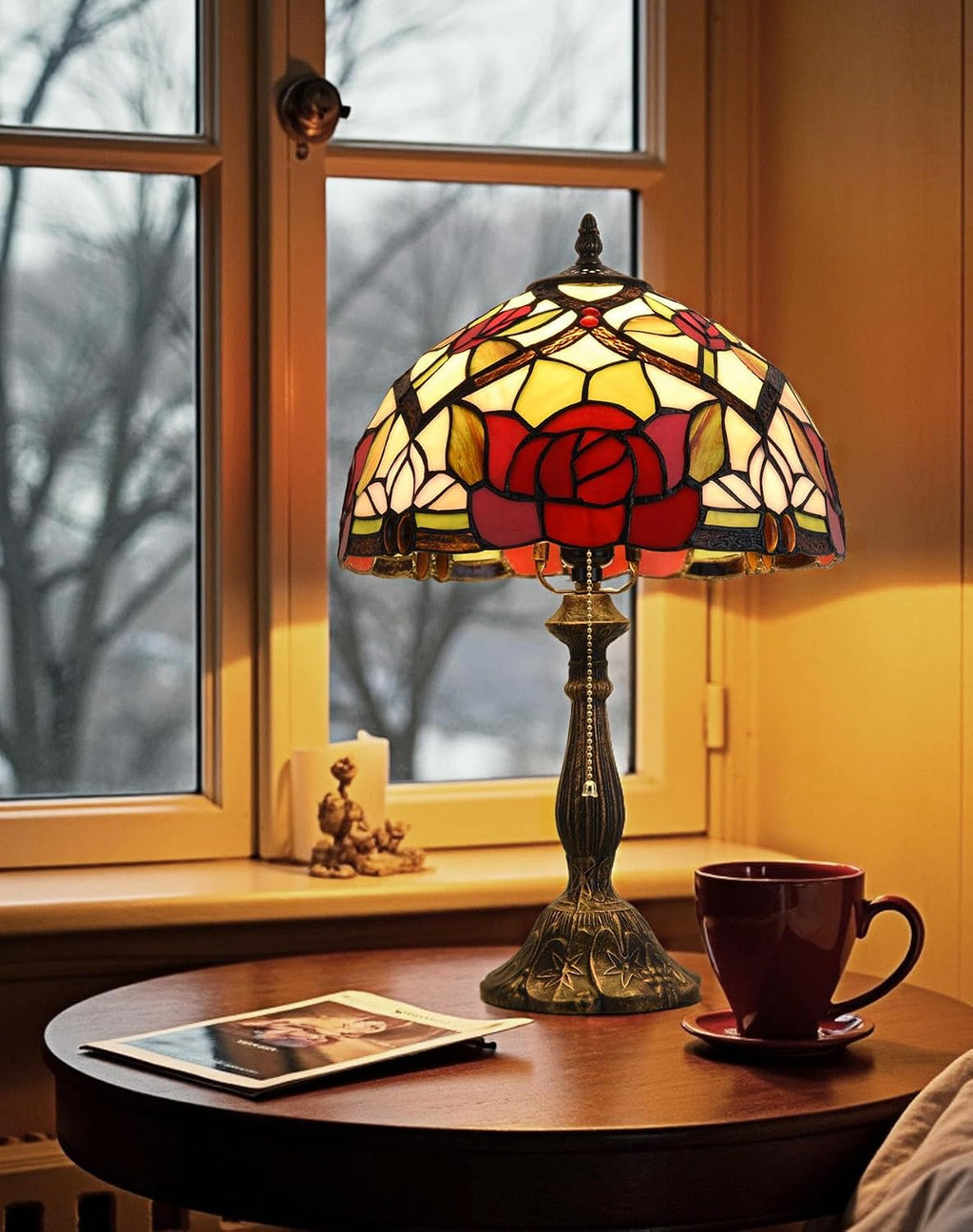Tiffany Table Lamp, 12-inch Stained Glass Lamp for Living Room, Dining Room, Bedroom, Study Room, Office (Red Rose)
