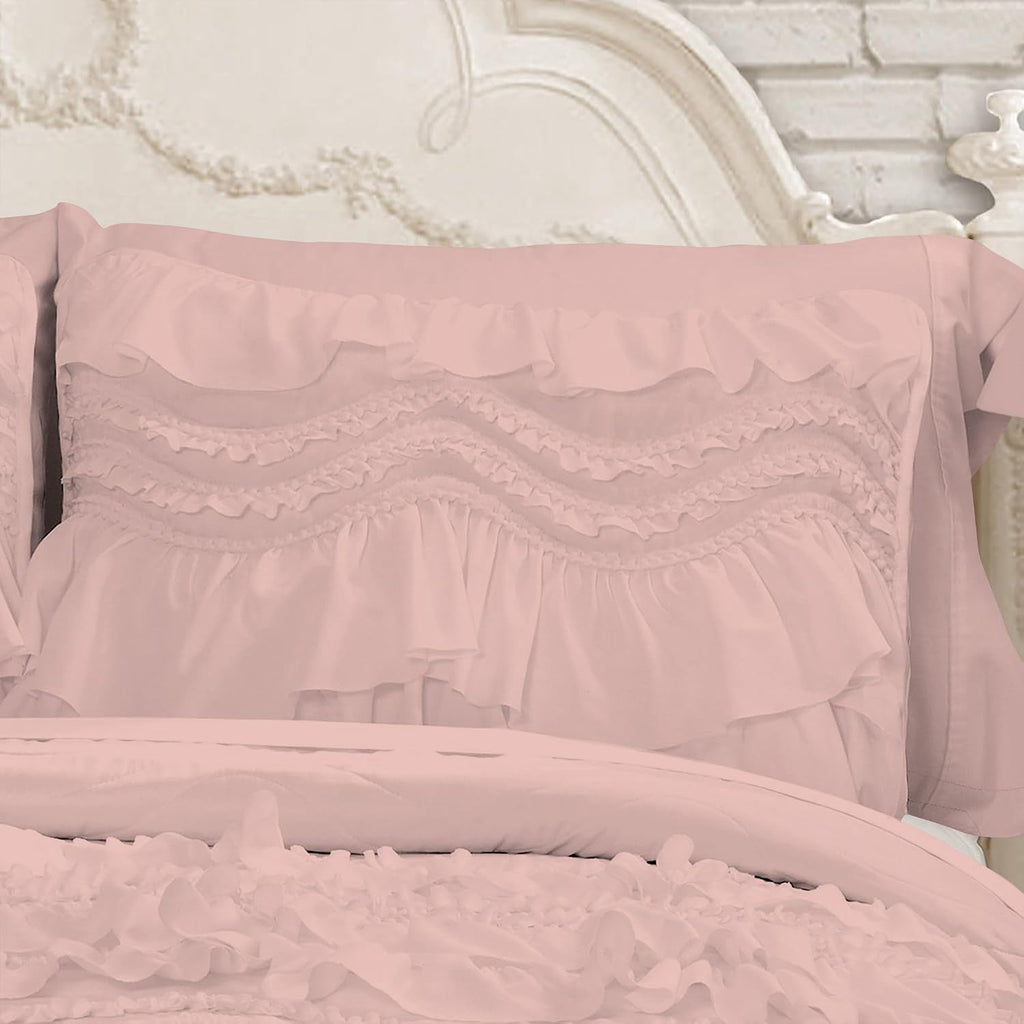 100% Egyptian Cotton, 550 GSM Microfiber Filled Quilt Ruffled Textured 3 Piece Full/Queen Size Comforter Set, Blush