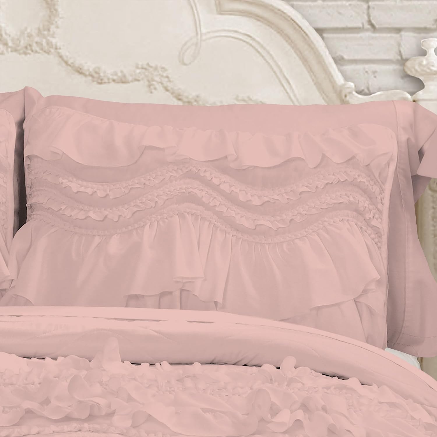 100% Egyptian Cotton, 550 GSM Microfiber Filled Quilt Ruffled Textured 3 Piece Full/Queen Size Comforter Set, Blush