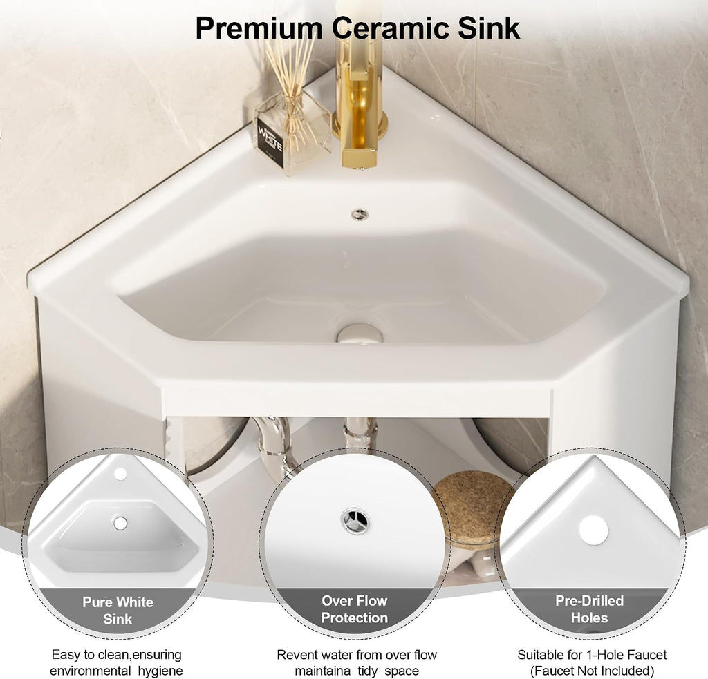 24' Corner Bathroom Vanity Sink Combo for Small Space, Freestanding Compact Space Bathroom Storage Cabinet with White Ceramic Sink, Wall Mounted Modern Vanity,White