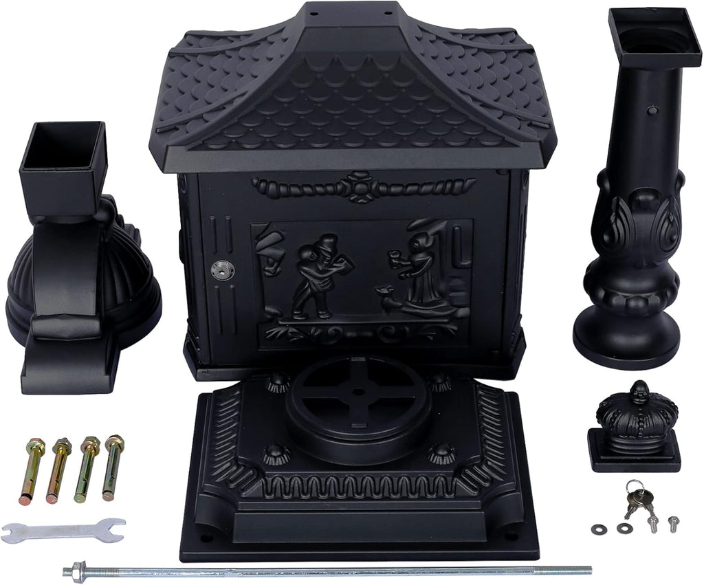 Antique Locking Mailboxes for Outside Aluminum Freestanding Mailbox with Post, Heavy Duty Mail Boxes for House with Post, Black