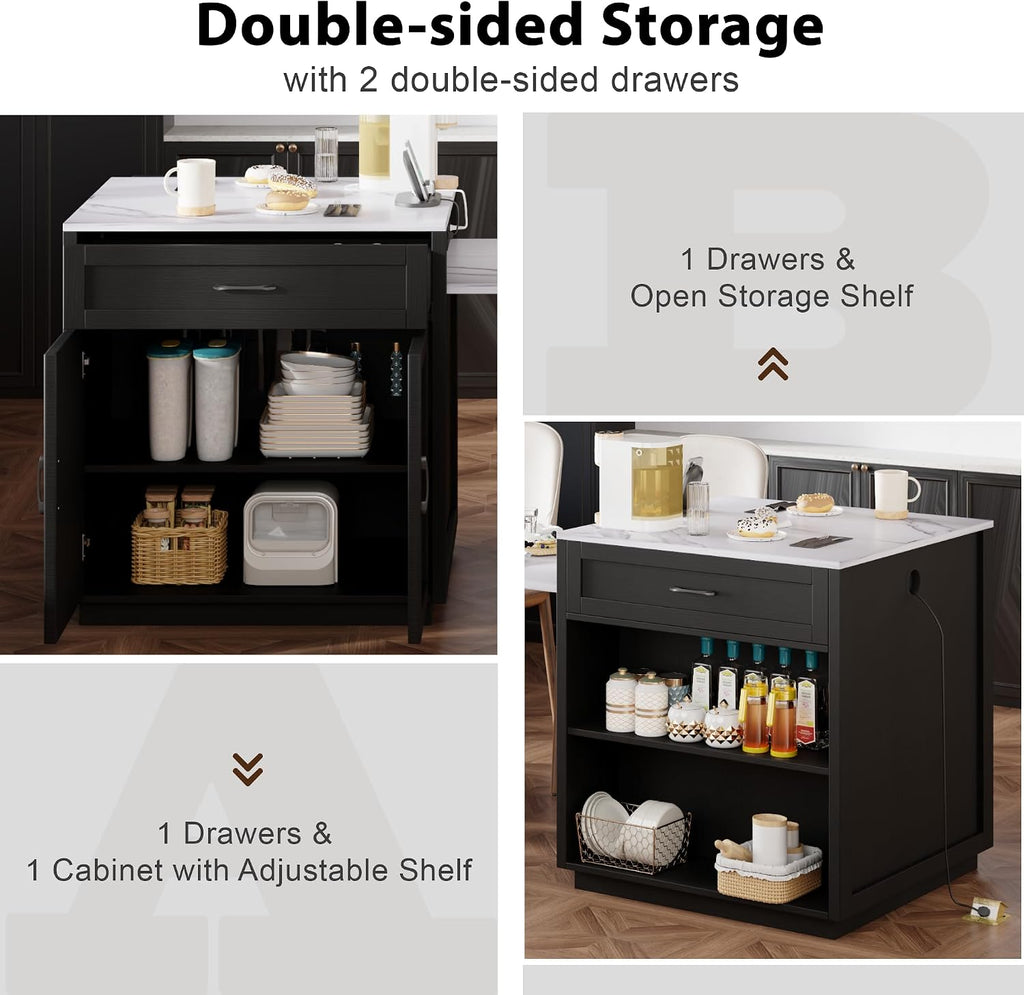 RUNNA Kitchen Island with Extendable Dining Table for 4-6 Person,Two-Tone Kitchen Table,Power Outlet Storage 2 Drawers 2 Side Open Shelves(Black~010)