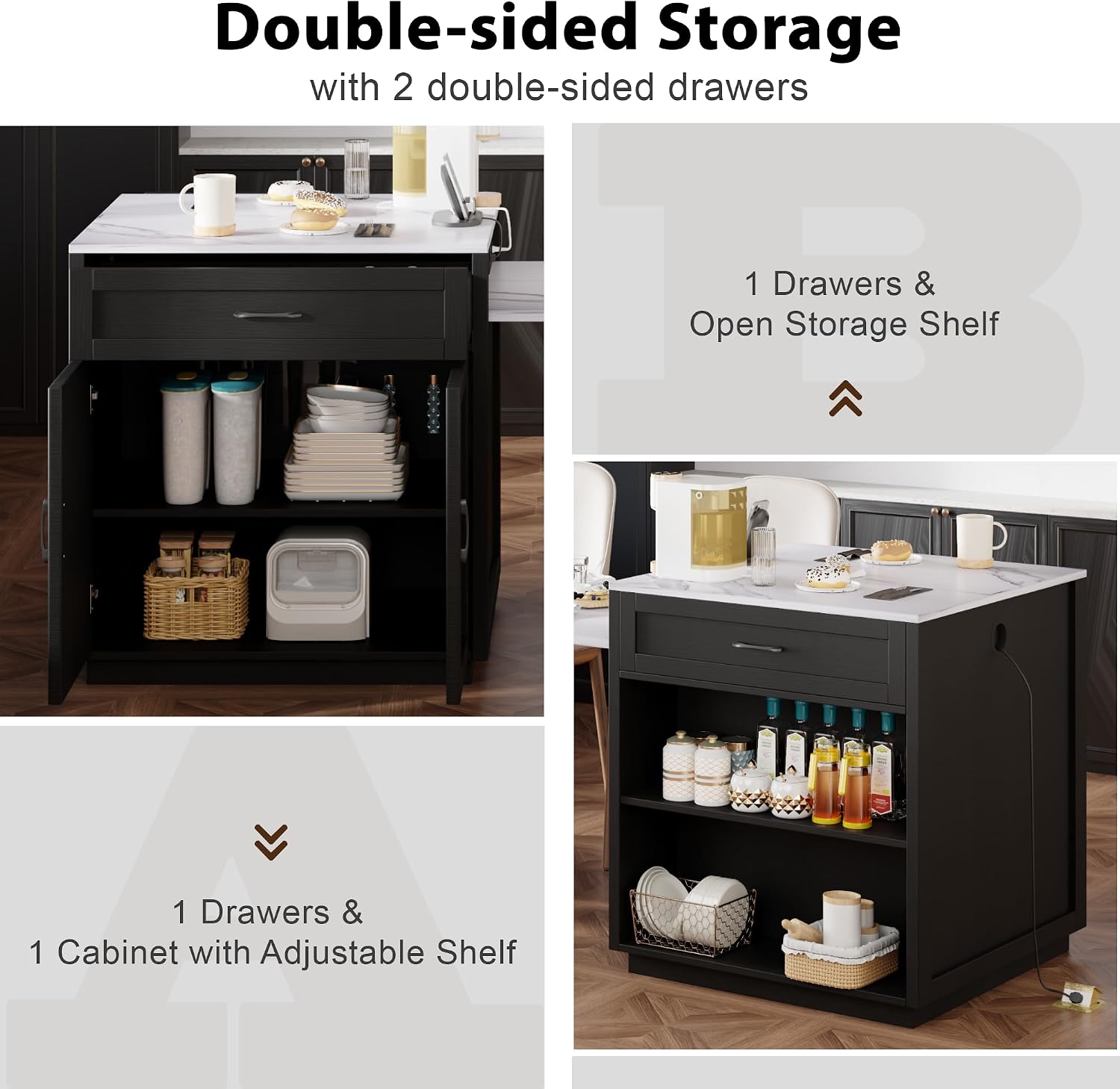 RUNNA Kitchen Island with Extendable Dining Table for 4-6 Person,Two-Tone Kitchen Table,Power Outlet Storage 2 Drawers 2 Side Open Shelves(Black~010)