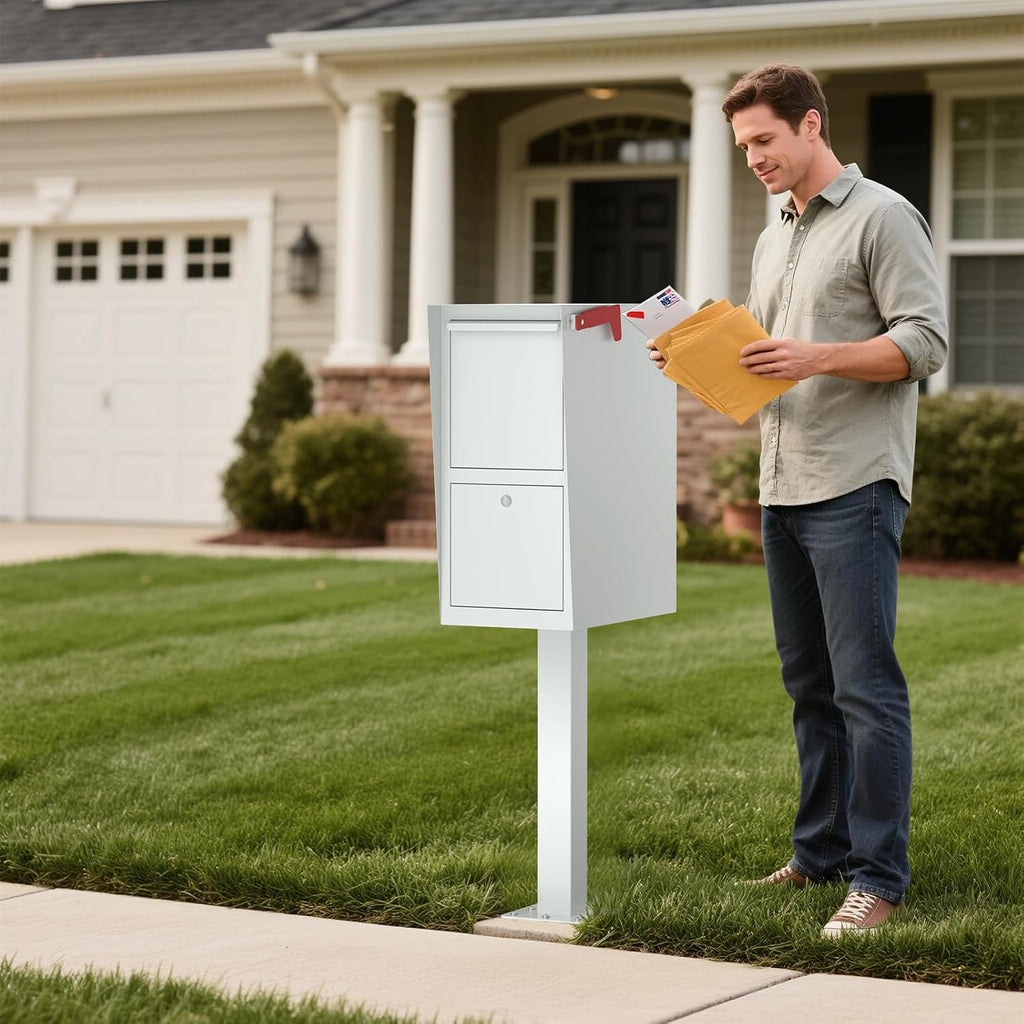 POCHAR Large Locking Mailbox for Outside - Secure Curbside Mailbox Post Mount with Base Plate - Weekend-Away Design Outdoor Commercial Mail Box for Business, Package Drop Box, White